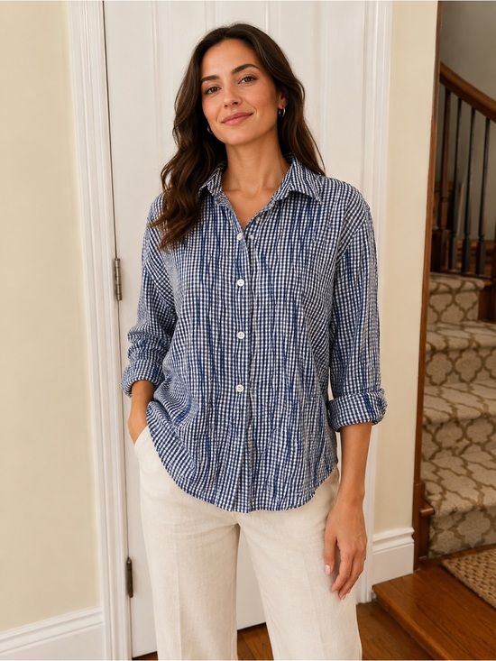 Foxcroft Tops - Foxcroft blue white Gingham Button Front Lightweight Classic Preppy Top